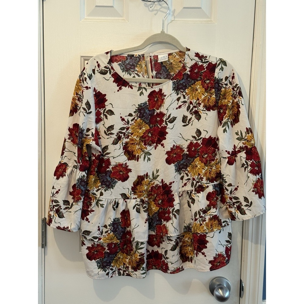 time and tru Red Yellow Floral Boho Babydoll Blouse Size Medium 8/10 Cottage